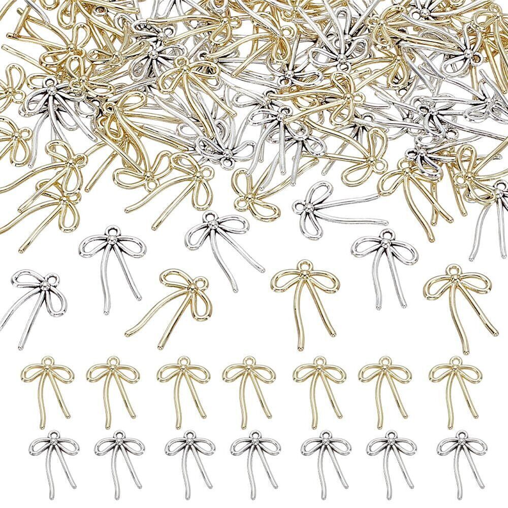 4925 100Pcs 2 Colors Bowknot Charm Gold Silver Bow Pendants Metal Bow